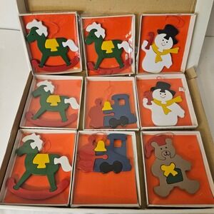 Vintage Giftco Holiday Puzzlers Wooden Ornaments Set of 9 Handpainted Retro